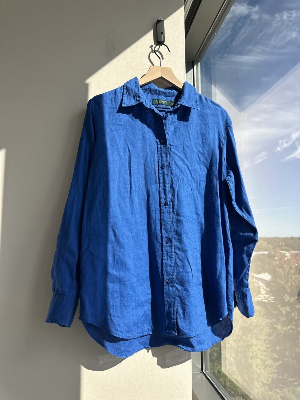 Lauren Ralph Lauren 100% Linen Blue Long Sleeve Breathable Coastal Button-Up L